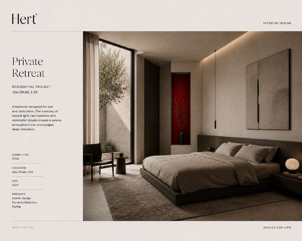 Private Retreat — a bedroom in Abu Dhabi with layered textiles and a single red artwork.