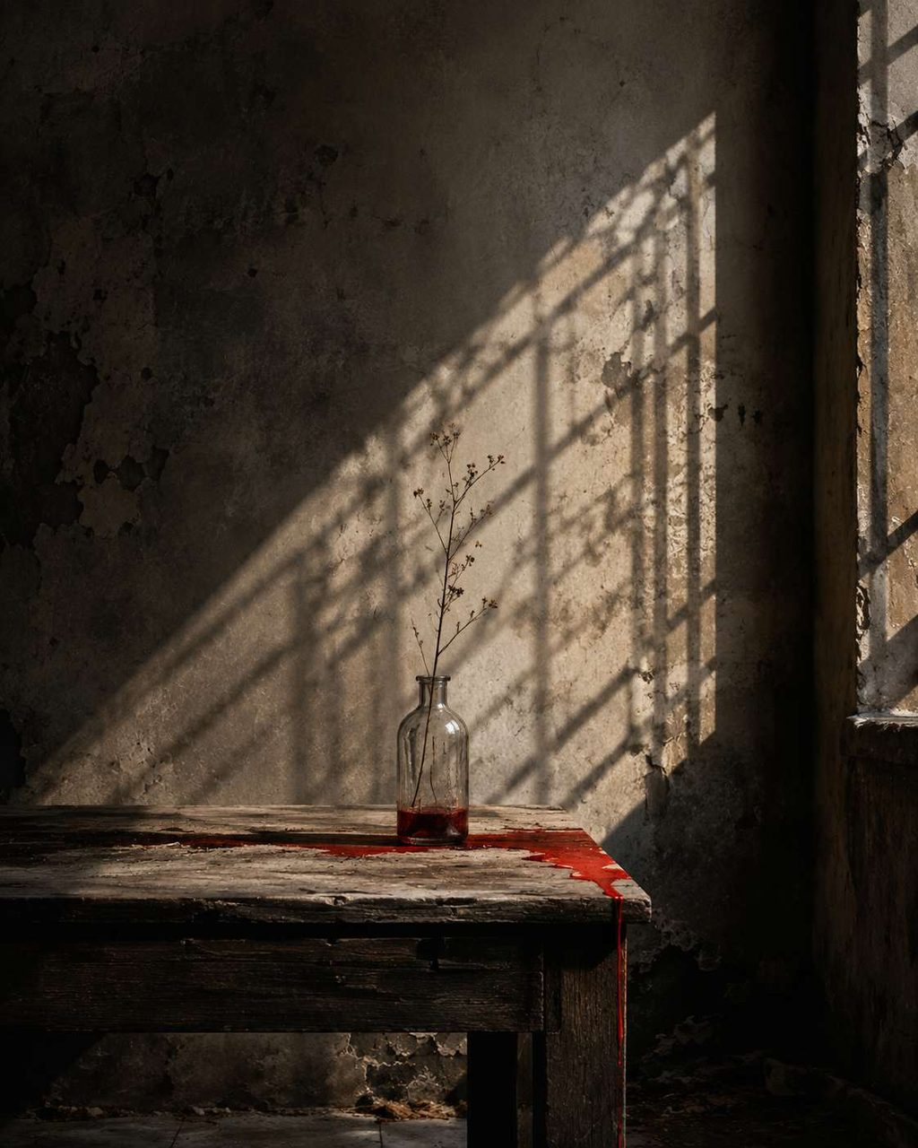 A quiet studio interior with raking daylight across a worn concrete wall.
