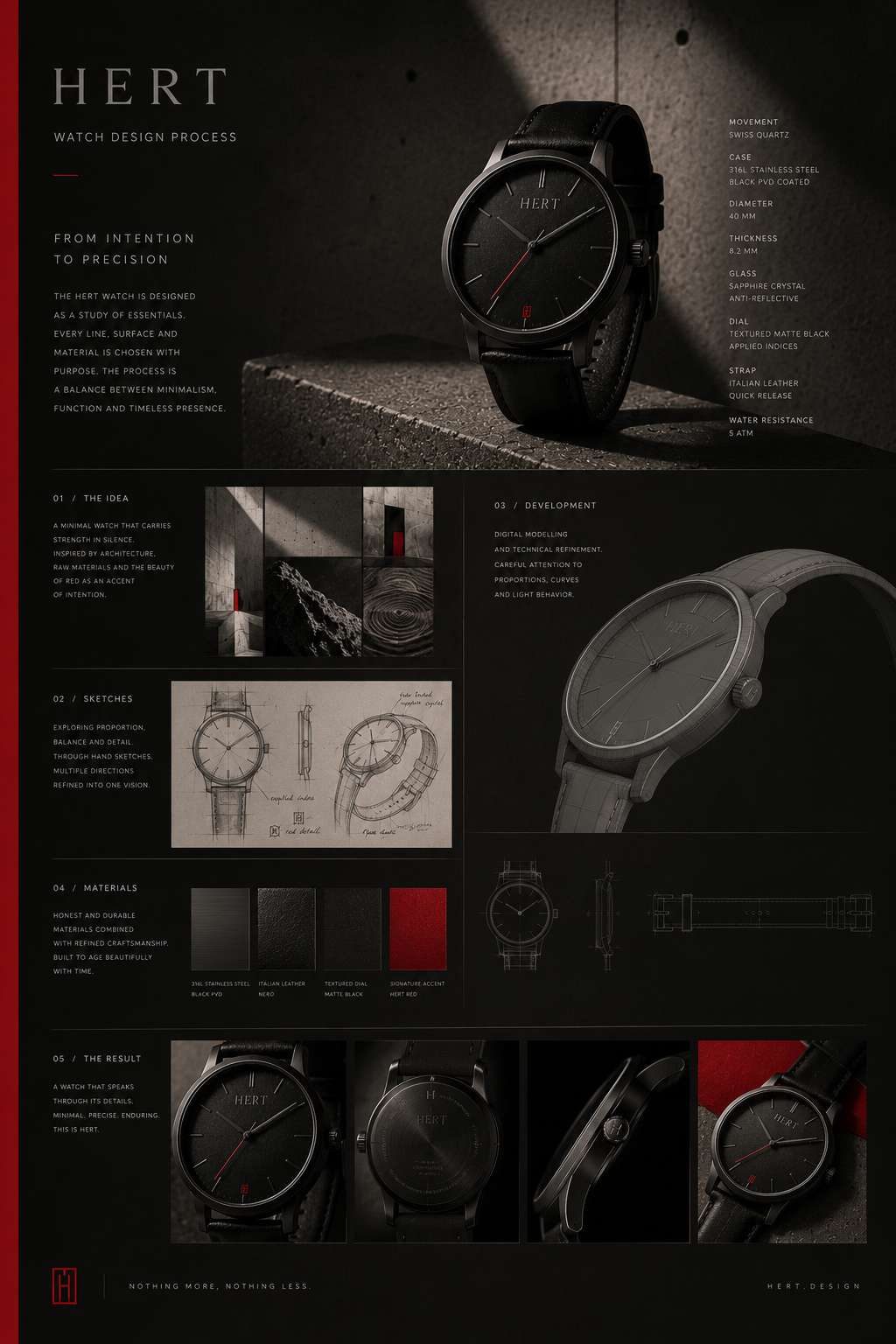 Watch design process board showing sketches, material studies and the final matte black model.