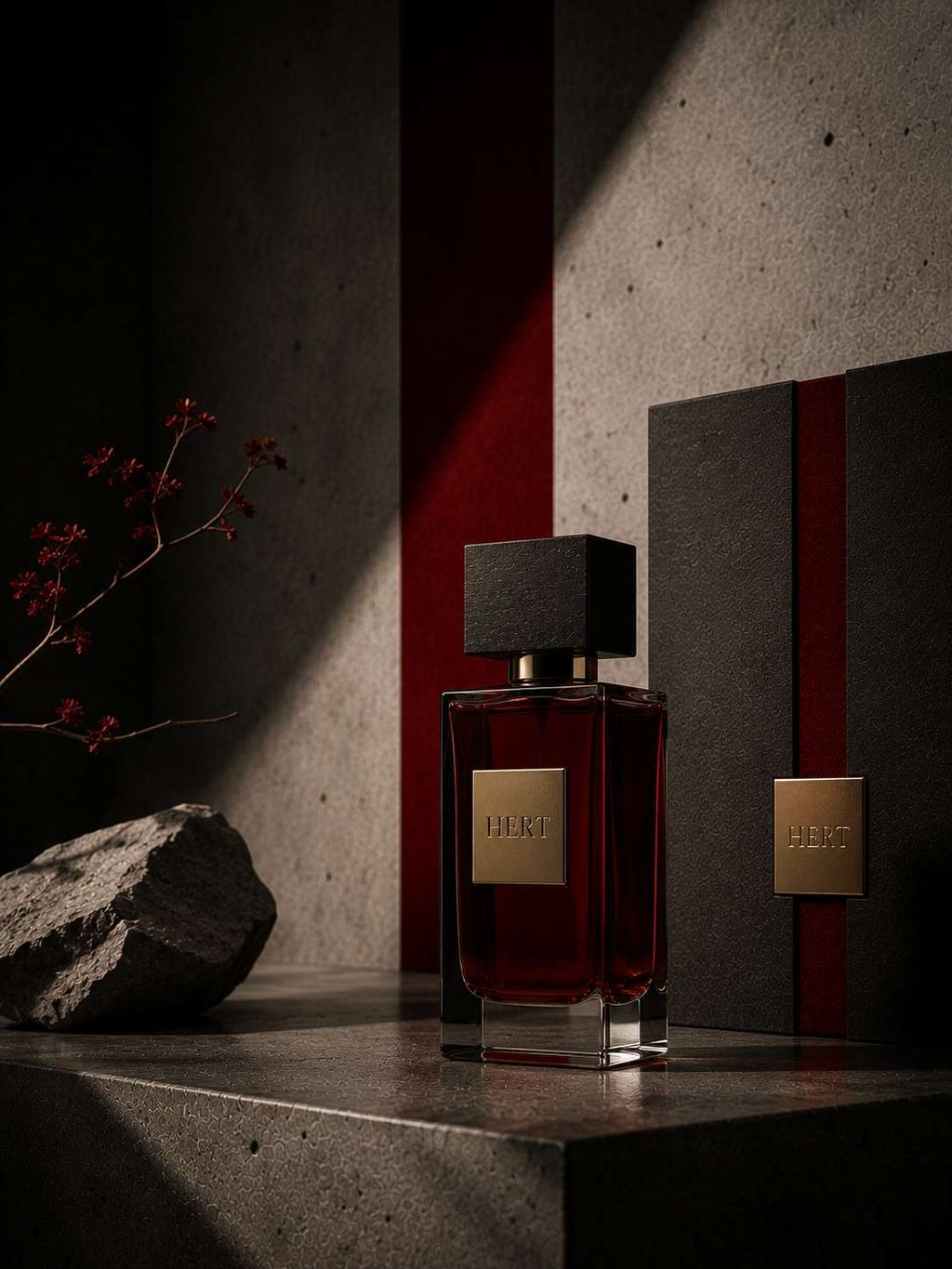 Fragrance bottle with a red berry branch and rough stone, in deep shadow.